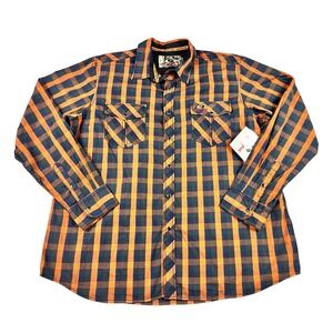 Mossy Oak Mens XL Pearl Snap Button Up Long Sleeve Shirt Plaid Orange Navy NWT